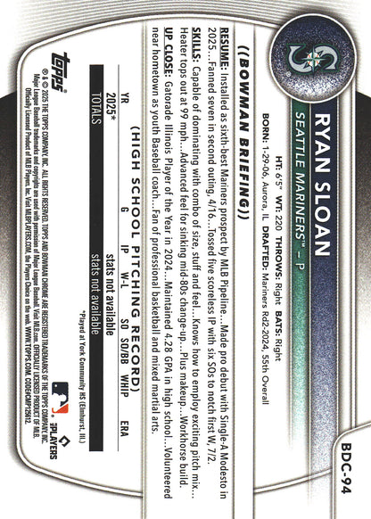 2025 Topps Bowman Draft Chrome Blue /150 Ryan Sloan #BDC-94 Seattle Mariners