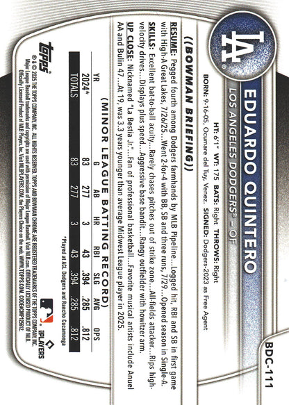 2025 Topps Bowman Draft Chrome Blue /150 Eduardo Quintero #BDC-111 Los Angeles Dodgers
