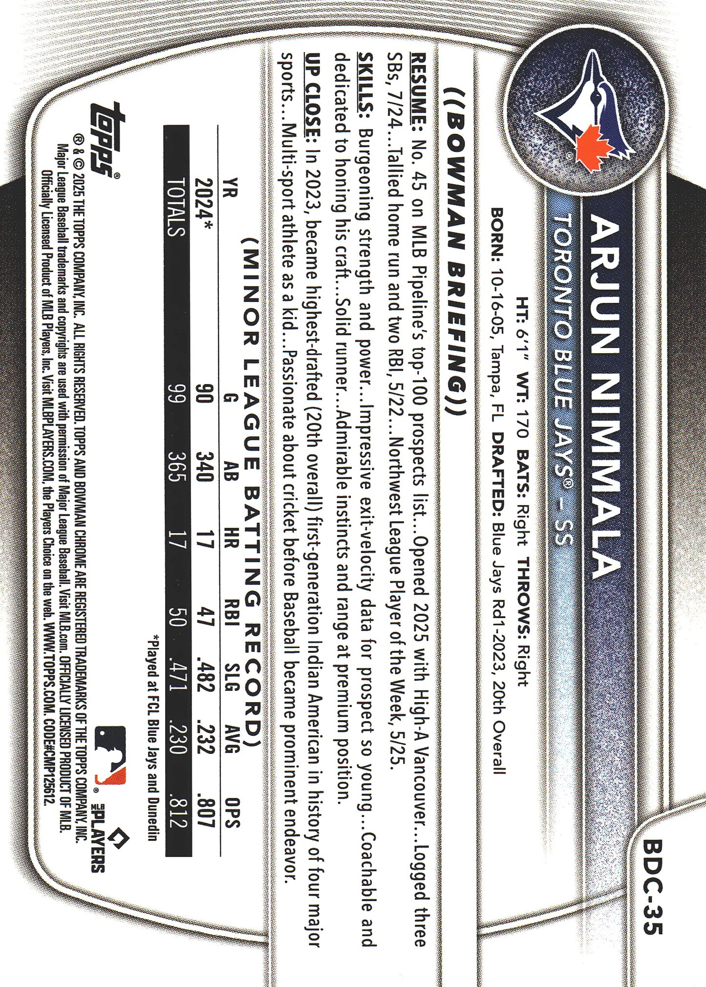 2025 Topps Bowman Draft Chrome Steel Metal /100 Arjun Nimmala #BDC-35 Toronto Blue Jays