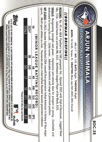 2025 Topps Bowman Draft Chrome Steel Metal /100 Arjun Nimmala #BDC-35 Toronto Blue Jays