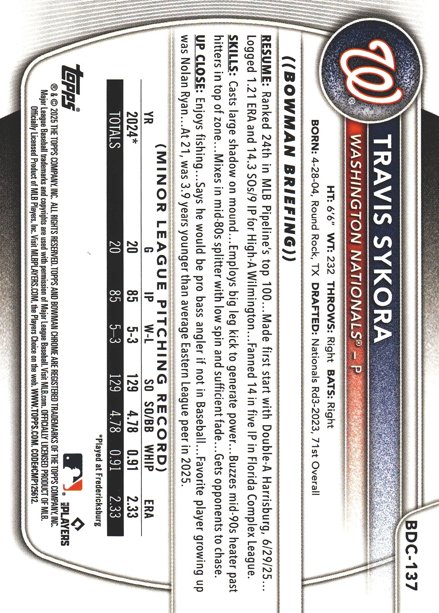 2025 Topps Bowman Draft Chrome Green Grass /99 Travis Sykora #BDC-137 Washington Nationals