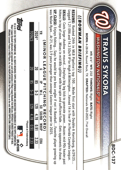 2025 Topps Bowman Draft Chrome Green Grass /99 Travis Sykora #BDC-137 Washington Nationals