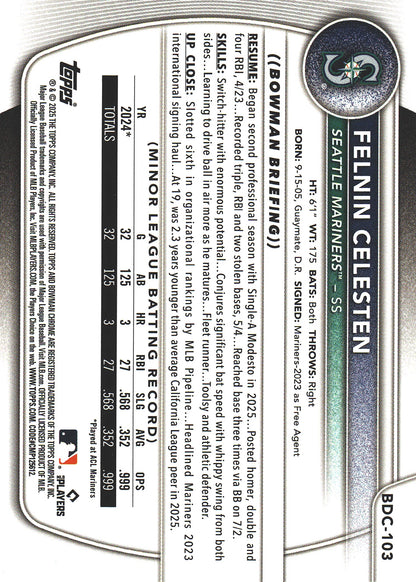 2025 Topps Bowman Draft Chrome Green /99 Felnin Celesten #BDC-103 Seattle Mariners