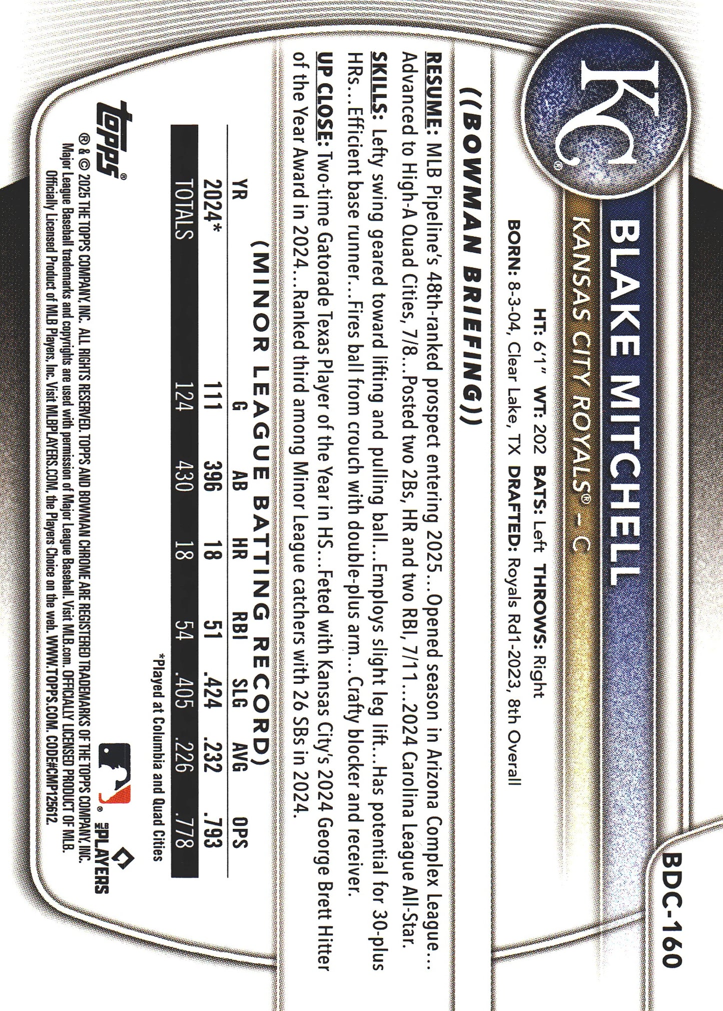 2025 Topps Bowman Draft Chrome Green /99 Blake Mitchell #BDC-160 Kansas City Royals