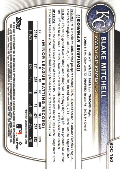 2025 Topps Bowman Draft Chrome Green /99 Blake Mitchell #BDC-160 Kansas City Royals