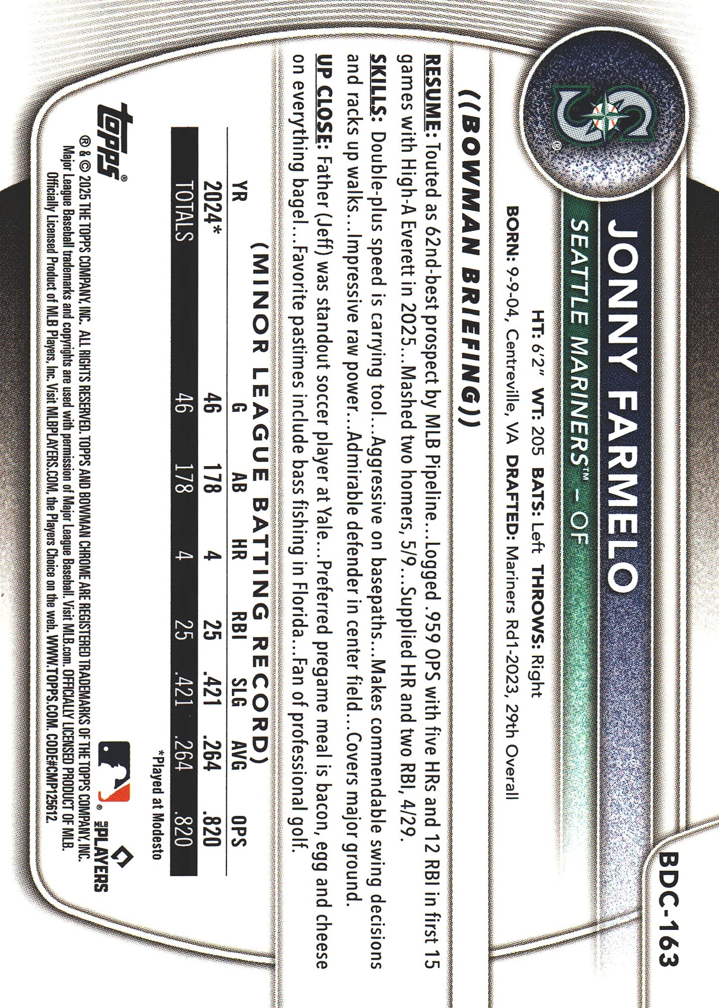 2025 Topps Bowman Draft Chrome Green /99 Jonny Farmelo #BDC-163 Seattle Mariners