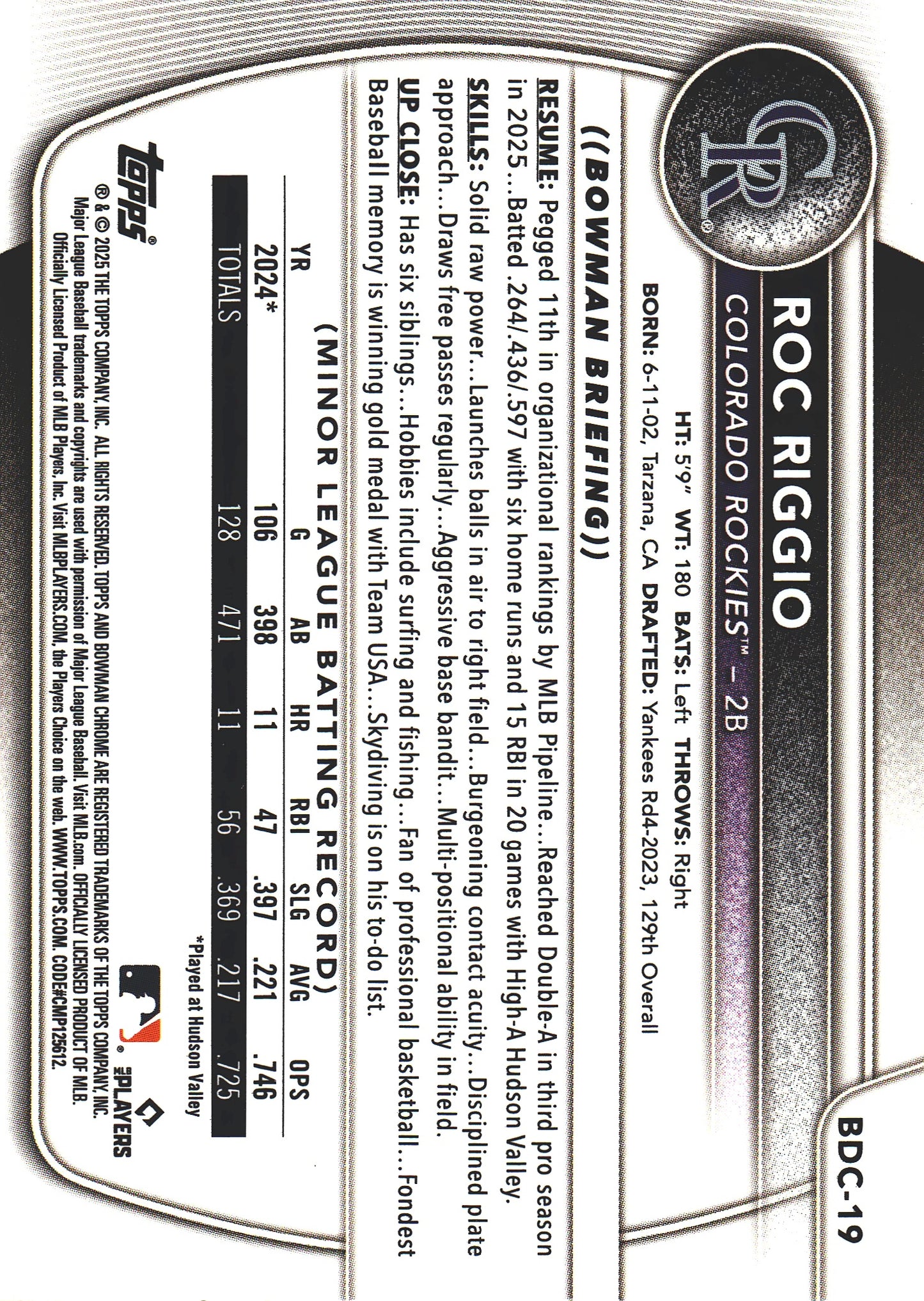 2025 Topps Bowman Draft Chrome Yellow Reptilian /75 Roc Riggio #BDC-19 Colorado Rockies
