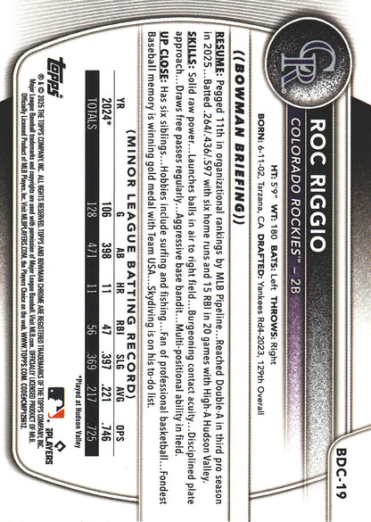 2025 Topps Bowman Draft Chrome Yellow Reptilian /75 Roc Riggio #BDC-19 Colorado Rockies