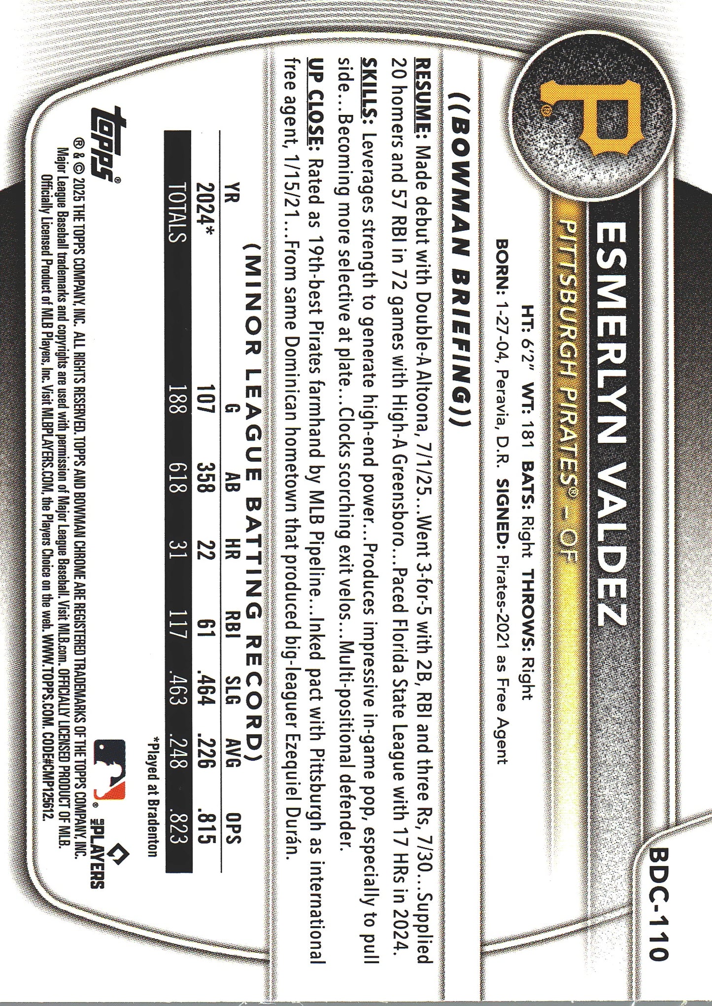 2025 Topps Bowman Draft Chrome Yellow Reptilian /75 Esmerlyn Valdez #BDC-110 Pittsburgh Pirates