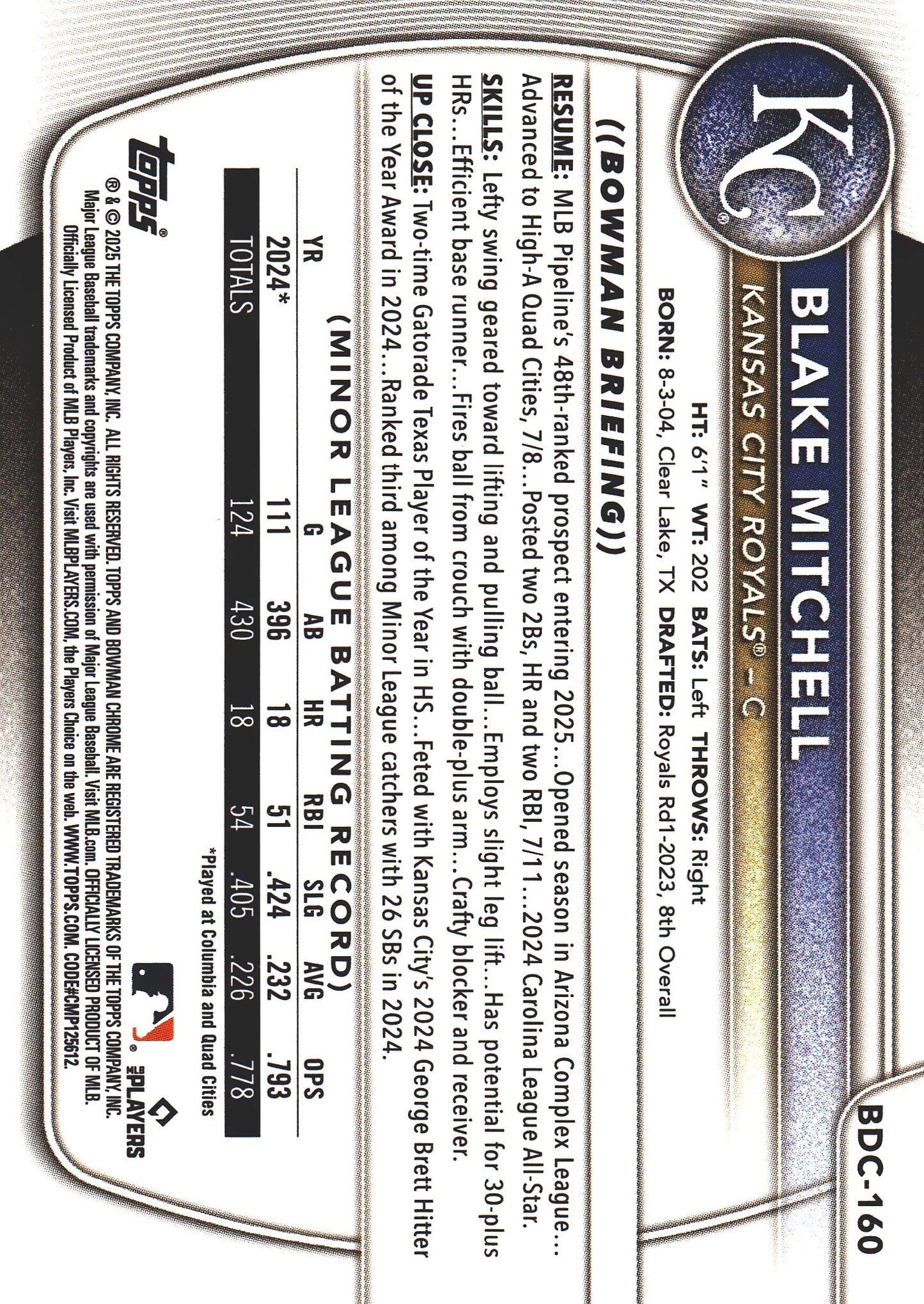 2025 Topps Bowman Draft Chrome Orange /25 Blake Mitchell #BDC-160 Kansas City Royals