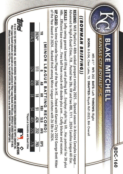2025 Topps Bowman Draft Chrome Orange /25 Blake Mitchell #BDC-160 Kansas City Royals