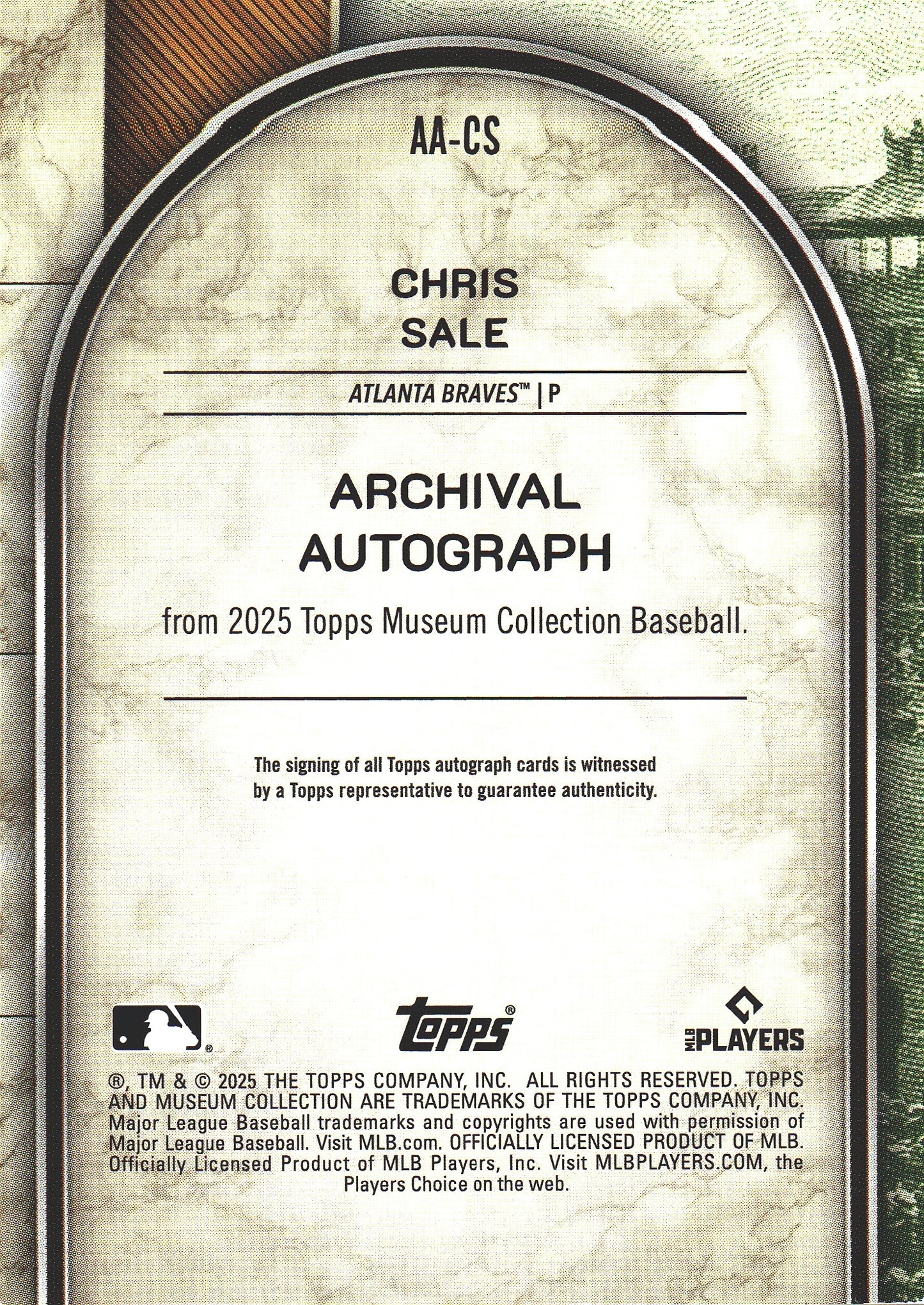 2025 Topps Museum Chris Sale Autograph /10 #AA-CS Atlanta Braves