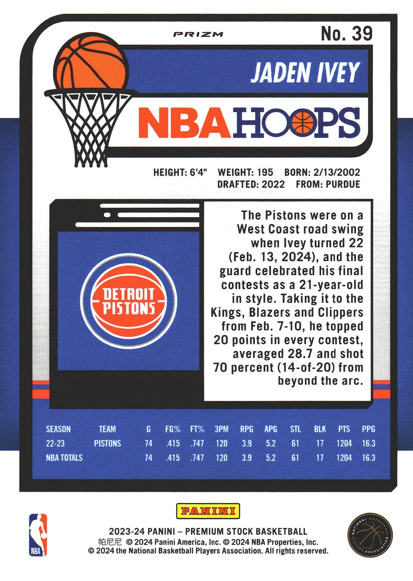 2023 Panini Premium Stock Ice Prizm Jaden Ivey #39 Detroit Pistons