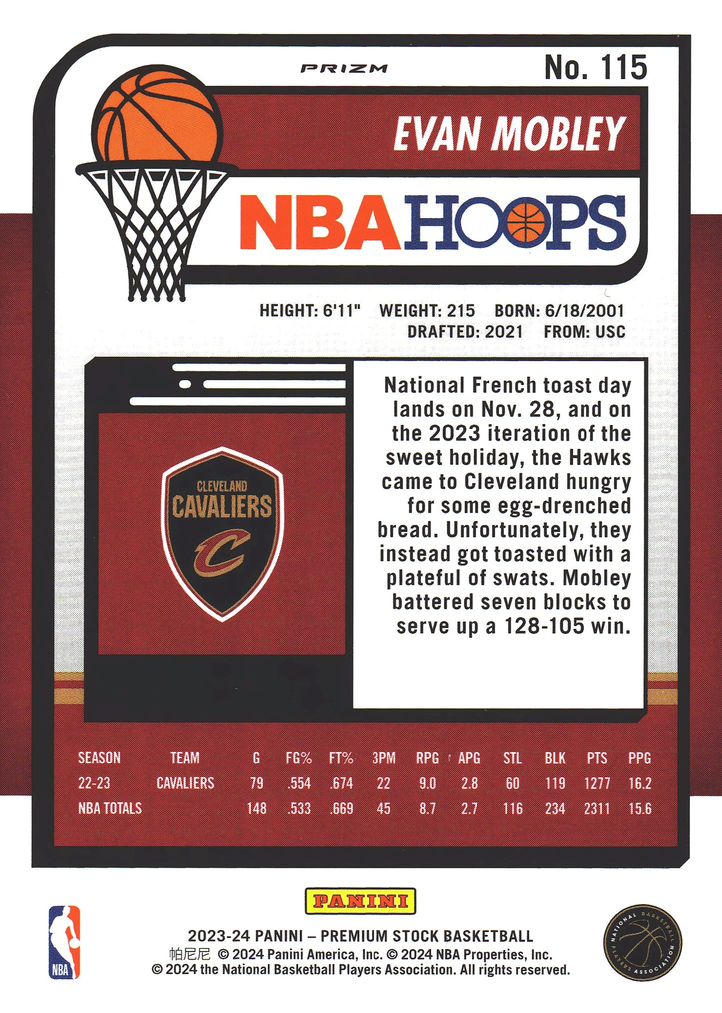 2023 Panini Premium Stock Ice Prizm Evan Mobley #115 Cleveland Cavaliers