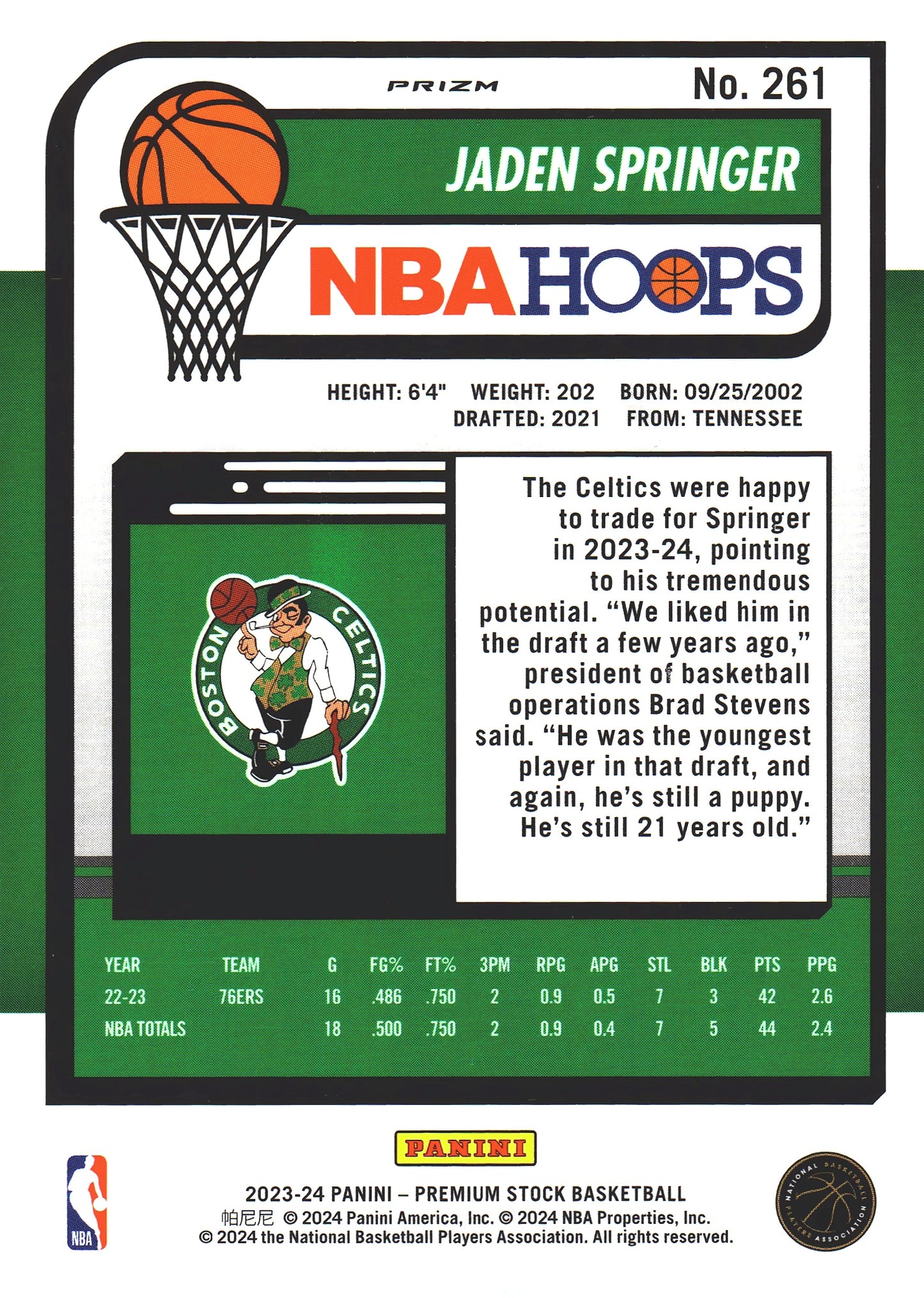 2023 Panini Premium Stock Ice Prizm Jaden Springer #261 Boston Celtics