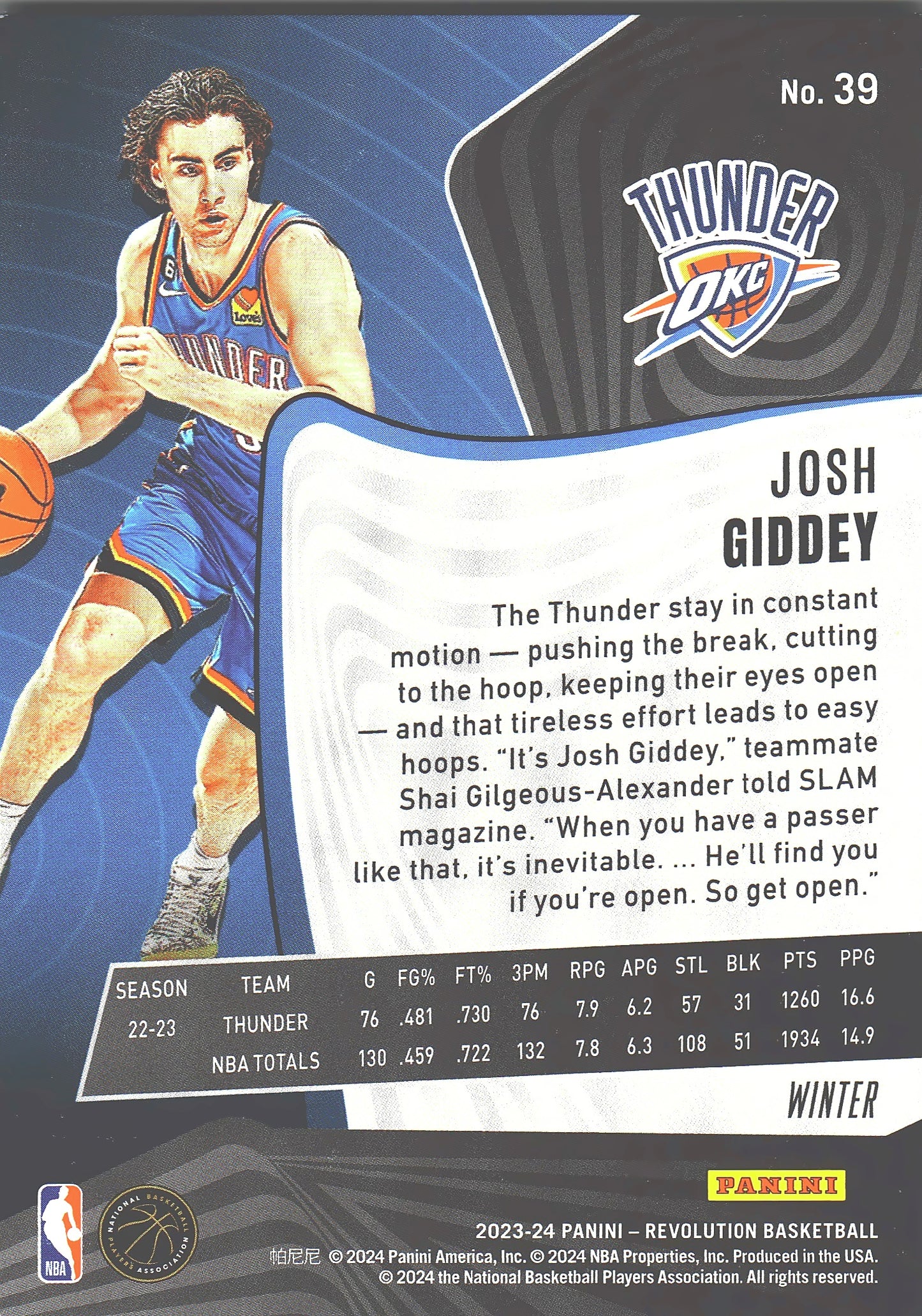 2023 Panini Revolution Winter Josh Giddey #39 Oklahoma City Thunder