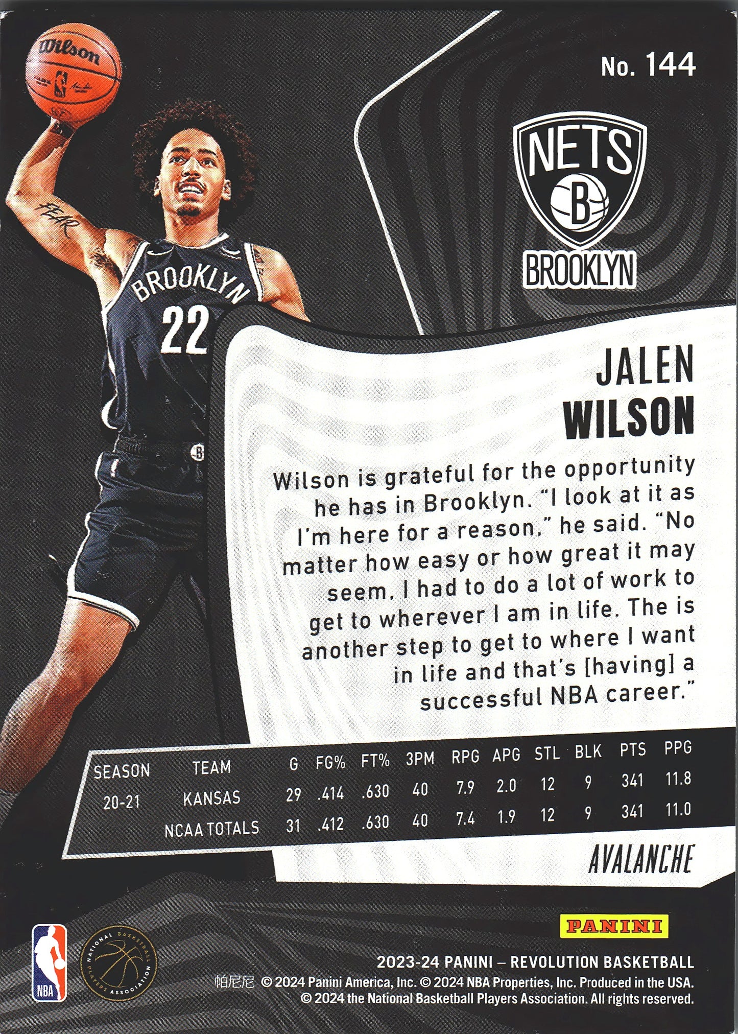 2023 Panini Revolution Winter Avalanche RC Jalen Wilson #144 Brooklyn Nets