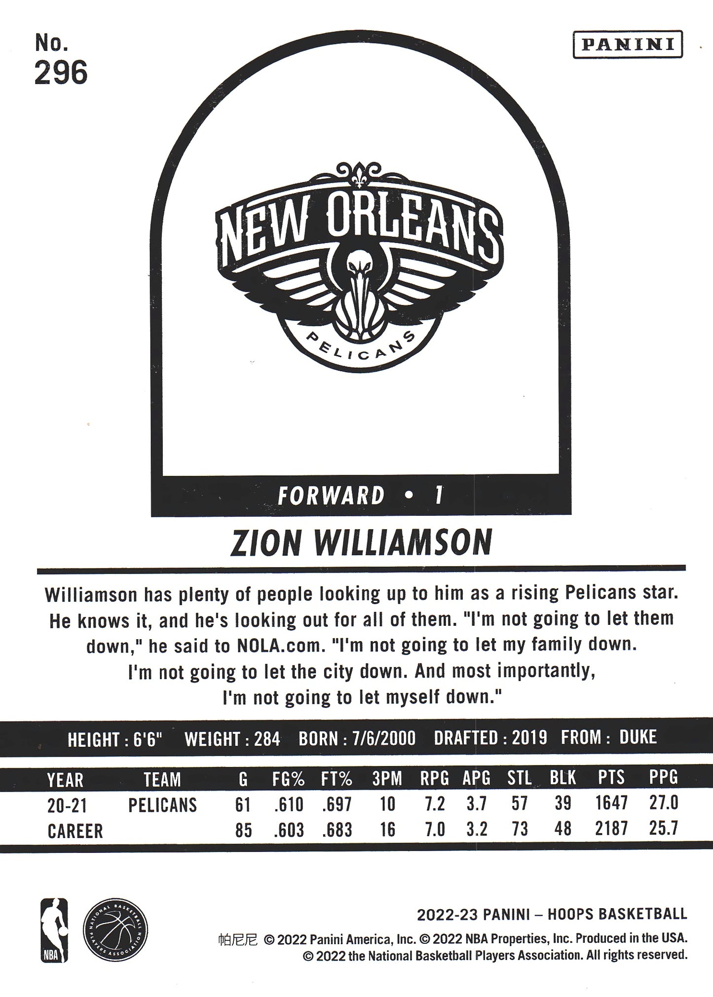 2022 Panini Hoops Tribute Zion Williamson #296 New Orleans Pelicans