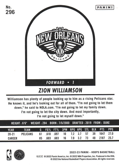 2022 Panini Hoops Tribute Zion Williamson #296 New Orleans Pelicans