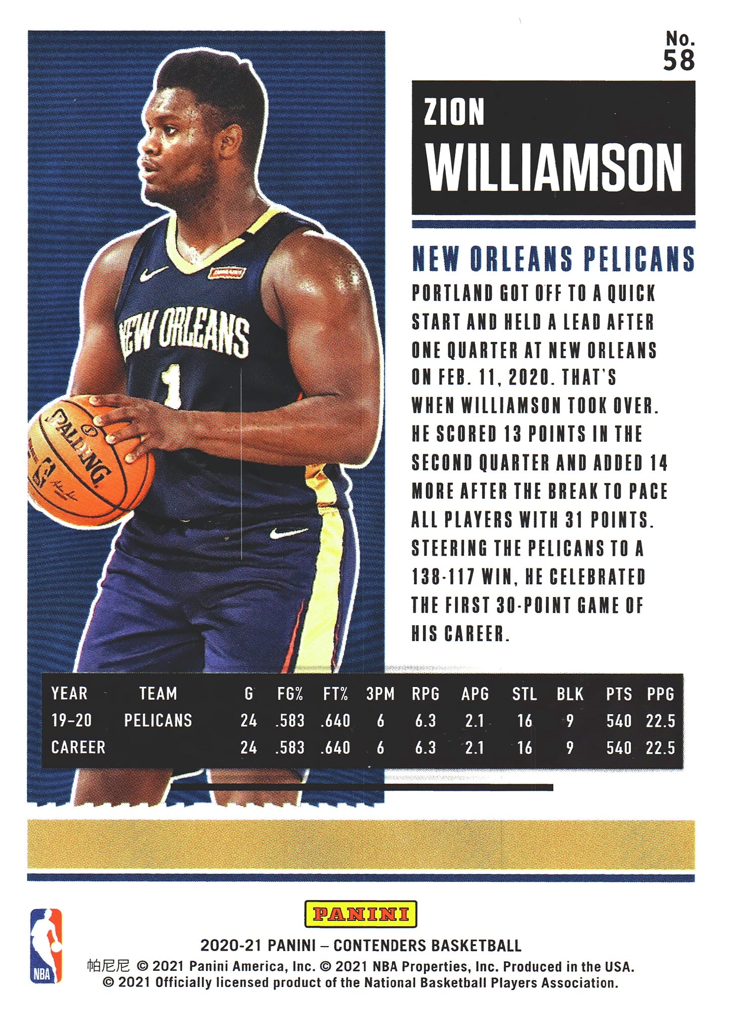 2020 Panini Contenders Zion Williamson #58 New Orleans Pelicans