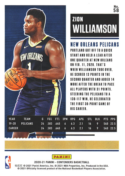 2020 Panini Contenders Zion Williamson #58 New Orleans Pelicans