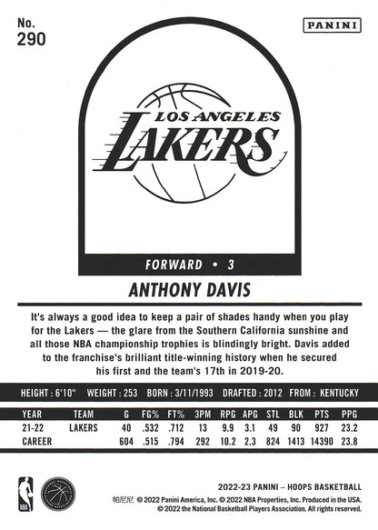 2022 Panini Hoops Tribute Anthony Davis #290 Los Angeles Lakers