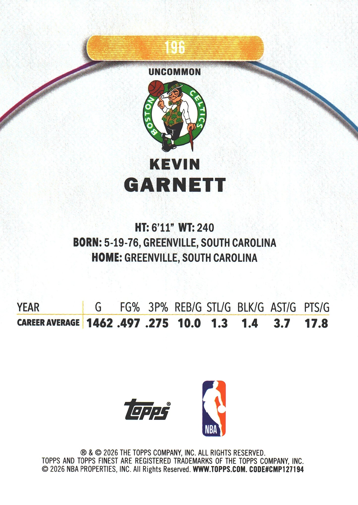 2025 Topps Finest NBA Kevin Garnett #196 Boston Celtics