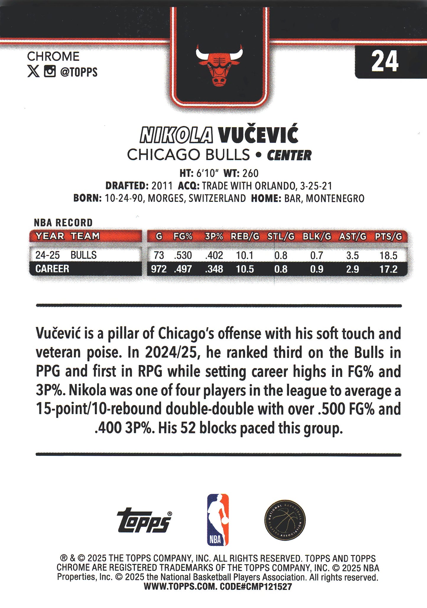 2025 Topps Chrome NBA Prism Nikola Vucevic #24 Chicago Bulls