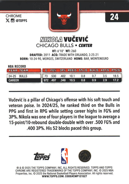 2025 Topps Chrome NBA Blue /150 Nikola Vucevic #24 Chicago Bulls