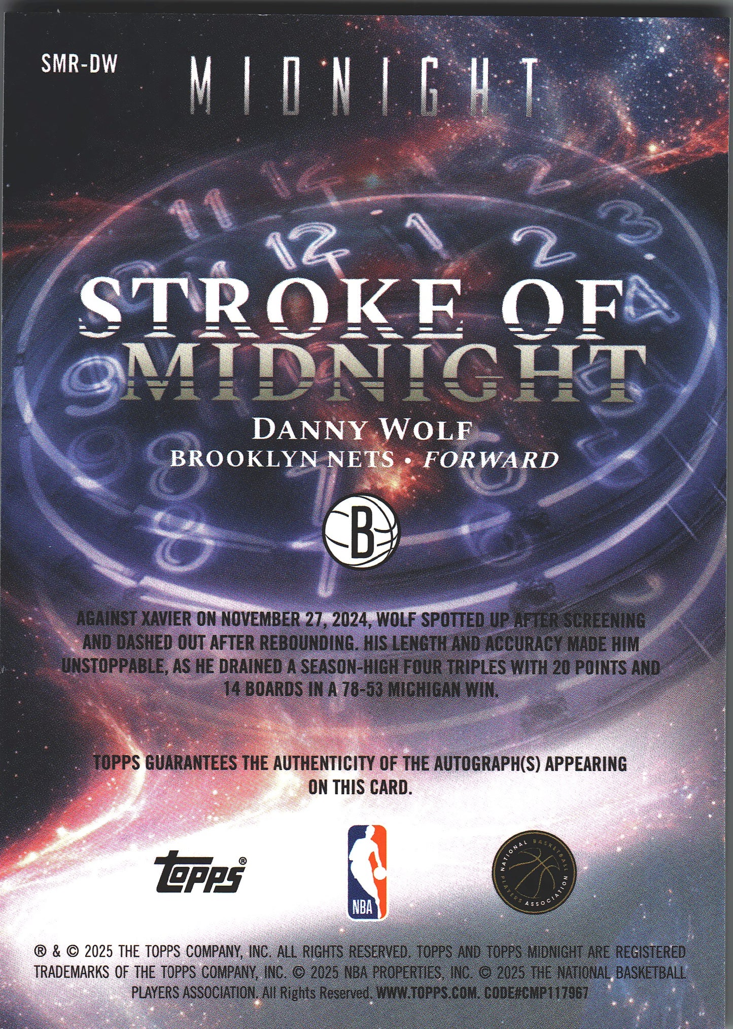 2025 Topps Midnight Stroke of Midnight Auto RC Danny Wolf #SMR-DW Brooklyn Nets