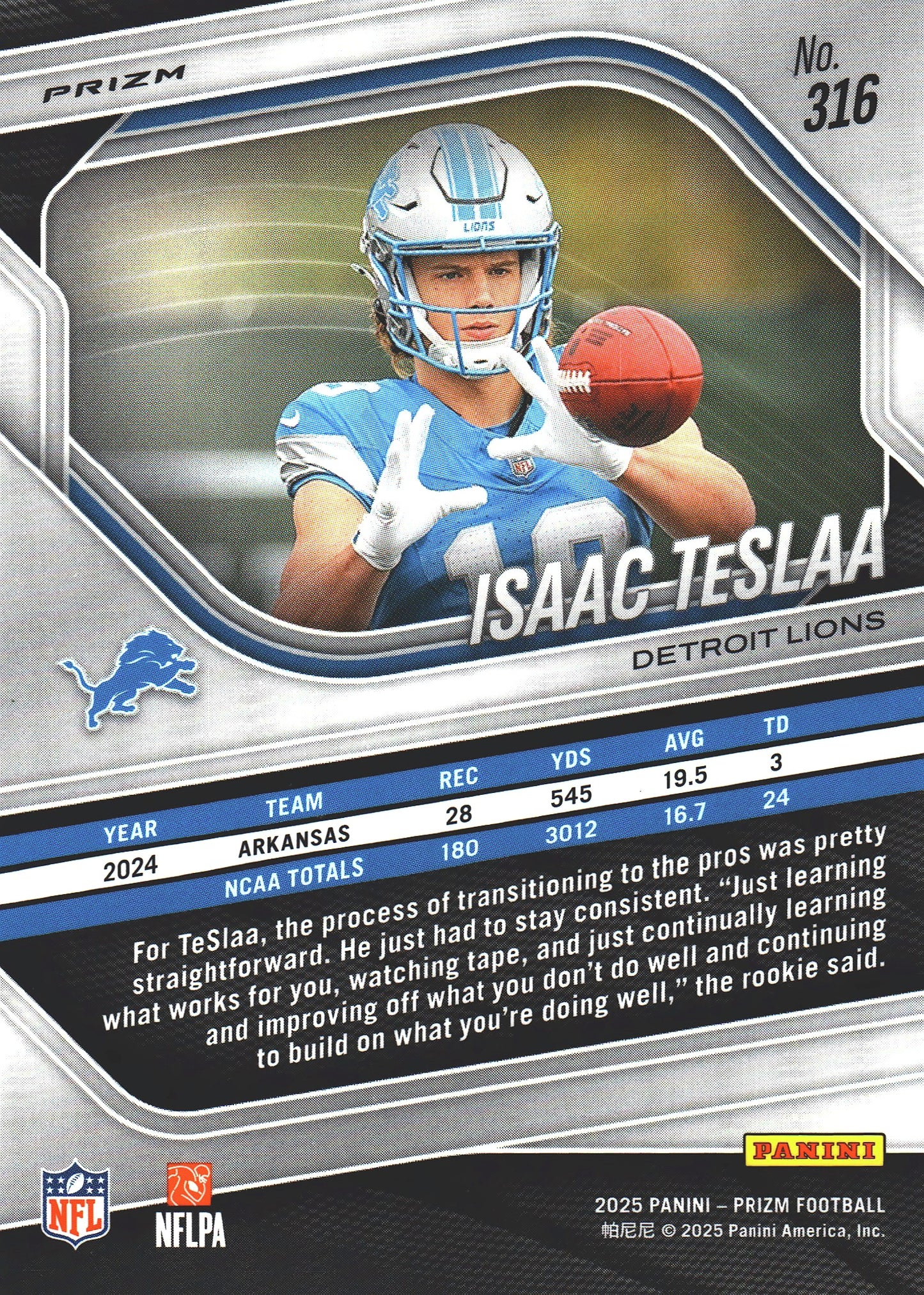 2025 Panini Prizm Lazer Isaac Teslaa RC #316 Detroit Lions