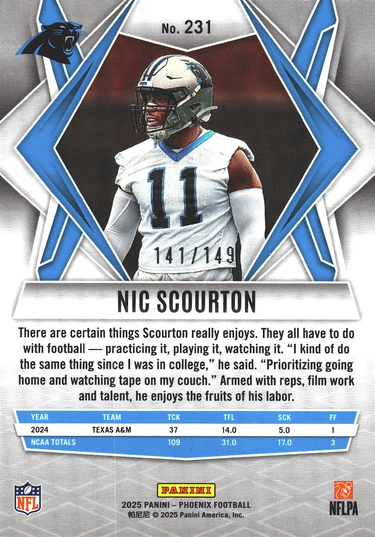 2025 Panini Phoenix Prizm RC /149 Nic Scourton #231 Carolina Panthers
