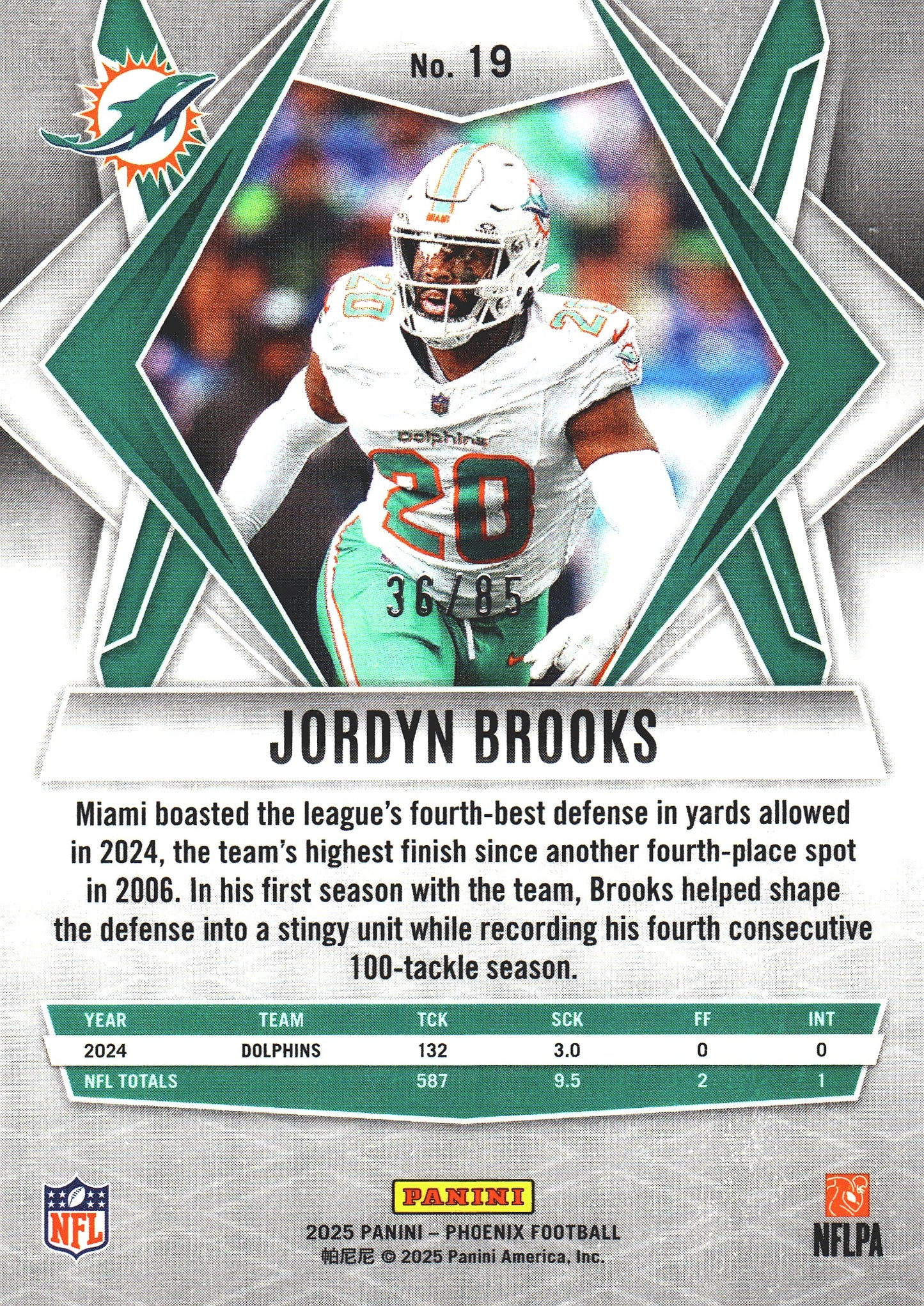 2025 Panini Phoenix Light Blue Mojo /85 Jordyn Brooks #19 Miami Dolphins