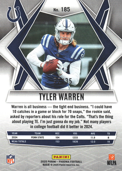 2025 Panini Phoenix Yellow Mojo Prizm /35 Tyler Warren RC #185 Indianapolis Colts