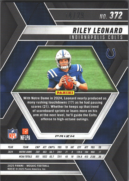 2025 Panini Mosaic Red Wave /29 Riley Leonard #372 Indianapolis Colts