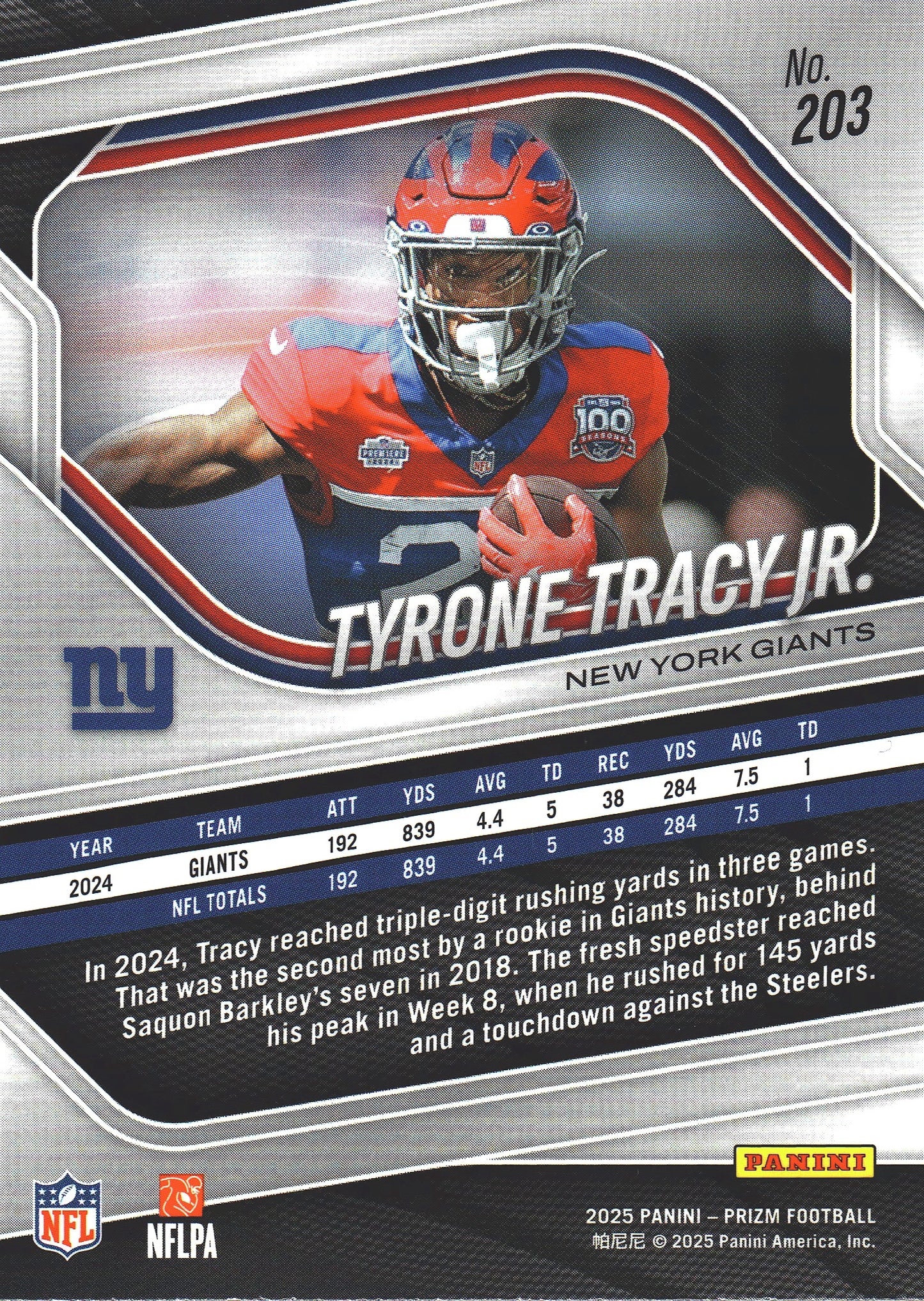 2025 Panini Prizm Tyrone Tracy Jr. #203 New York Giants