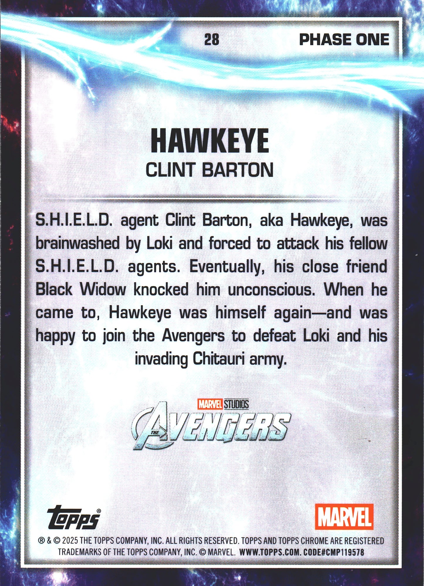 2025 Topps Chrome Marvel Studios Hyper Prism Hawkeye #28 Avengers