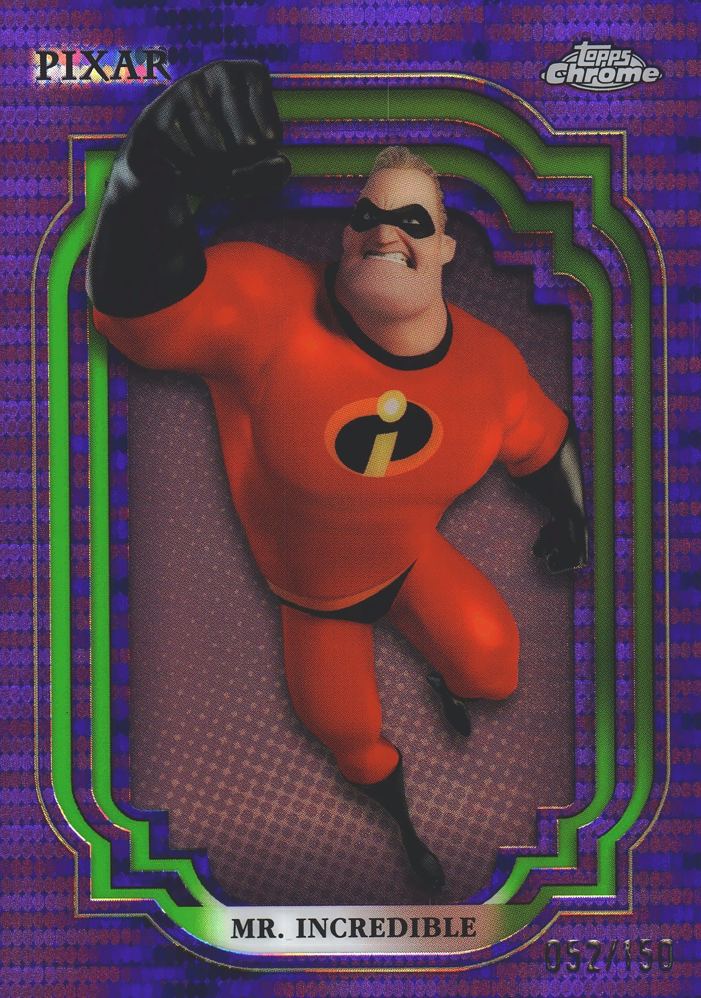 2024 Topps Chrome Disney Purple and Green Pulsar /150 Mr. Incredible #95 Disney