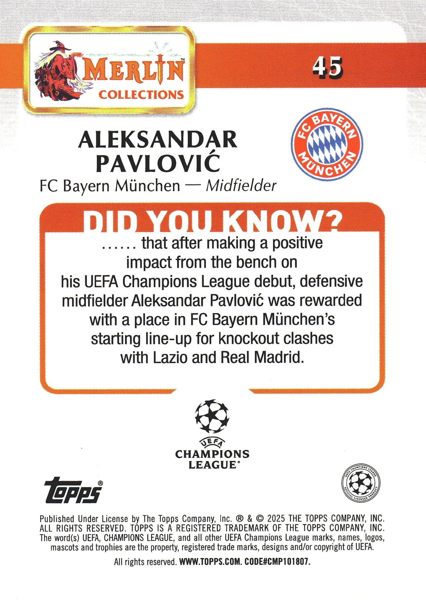 2024 Topps Chrome Merlin Green /99 Aleksandar Pavlovic #45 Bayern Munich