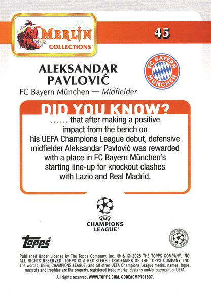 2024 Topps Chrome Merlin Green /99 Aleksandar Pavlovic #45 Bayern Munich
