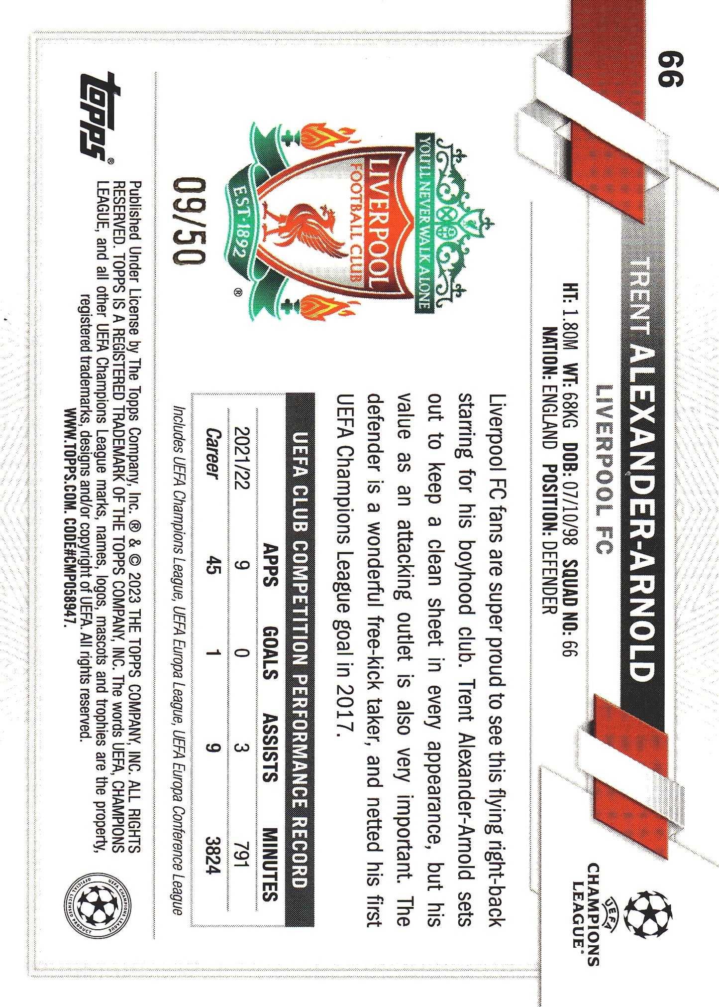 2022 Topps UCC Gold /50 Trent Alexander-Arnold #66 Liverpool FC