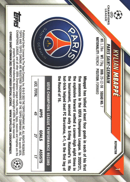 2021 Topps Chrome UCC Refractor Kylian Mbappe #1 Paris Saint-Germain