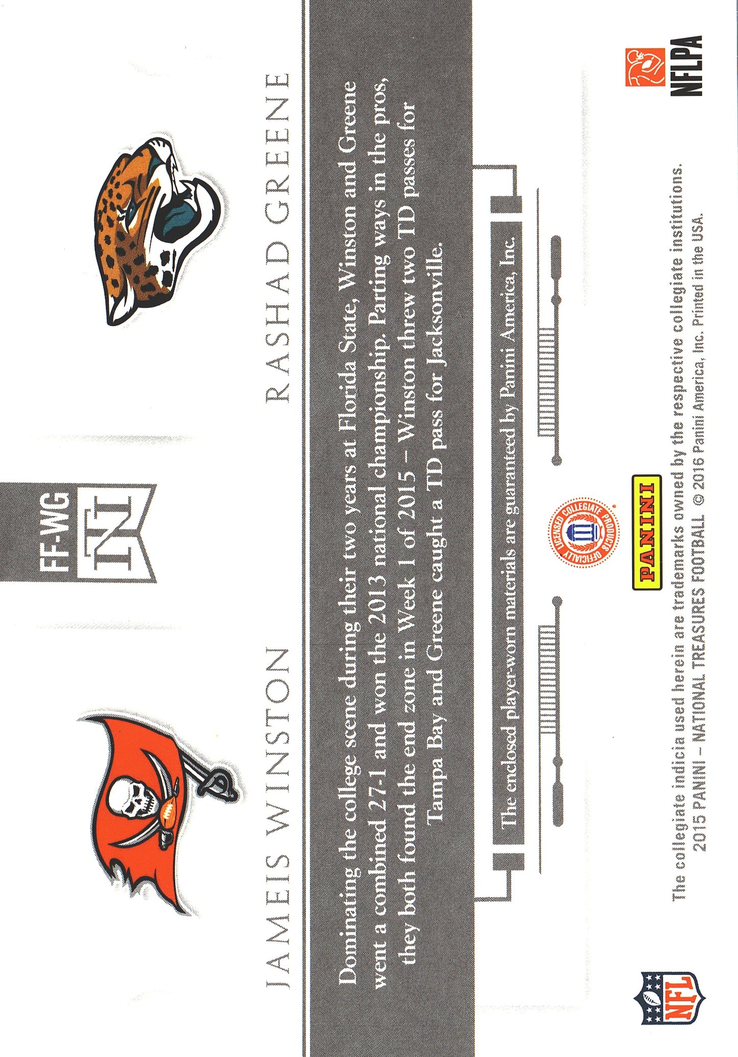2015 Panini National Treasures Friends & Foes Quad /99 Jameis Winston / Rashad Greene #FF-WG