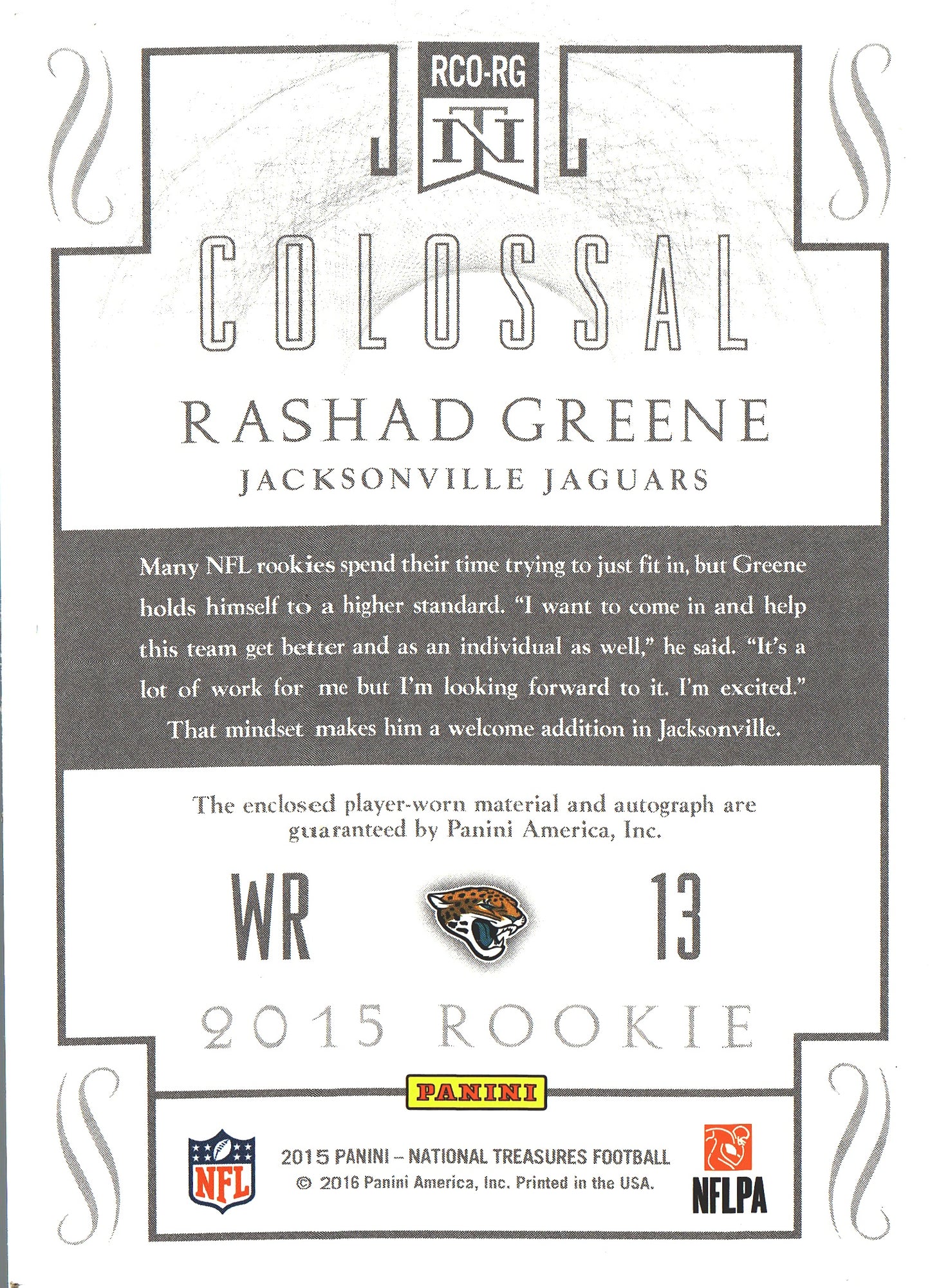 2015 Panini National Treasures RPA RC /99 Rashad Greene #RCO-RG Jacksonville Jaguars