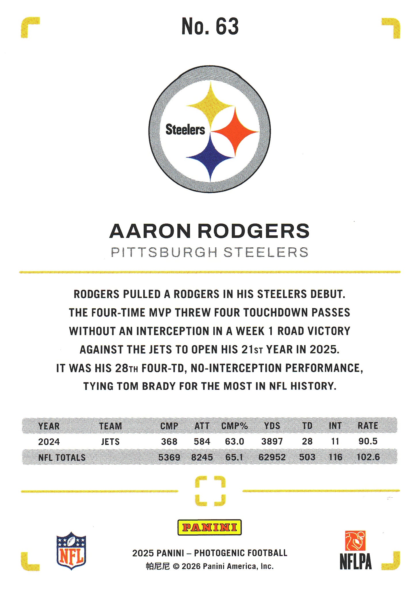 2025 Panini Photogenic Aaron Rodgers #63 Pittsburgh Steelers