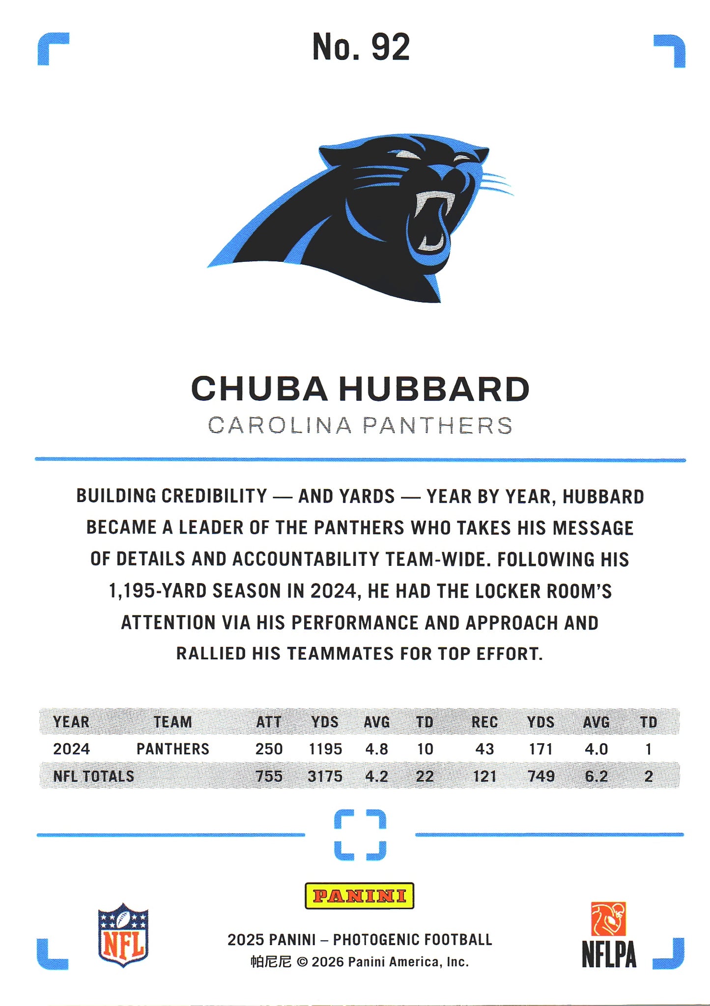 2025 Panini Photogenic Chuba Hubbard #92 Carolina Panthers