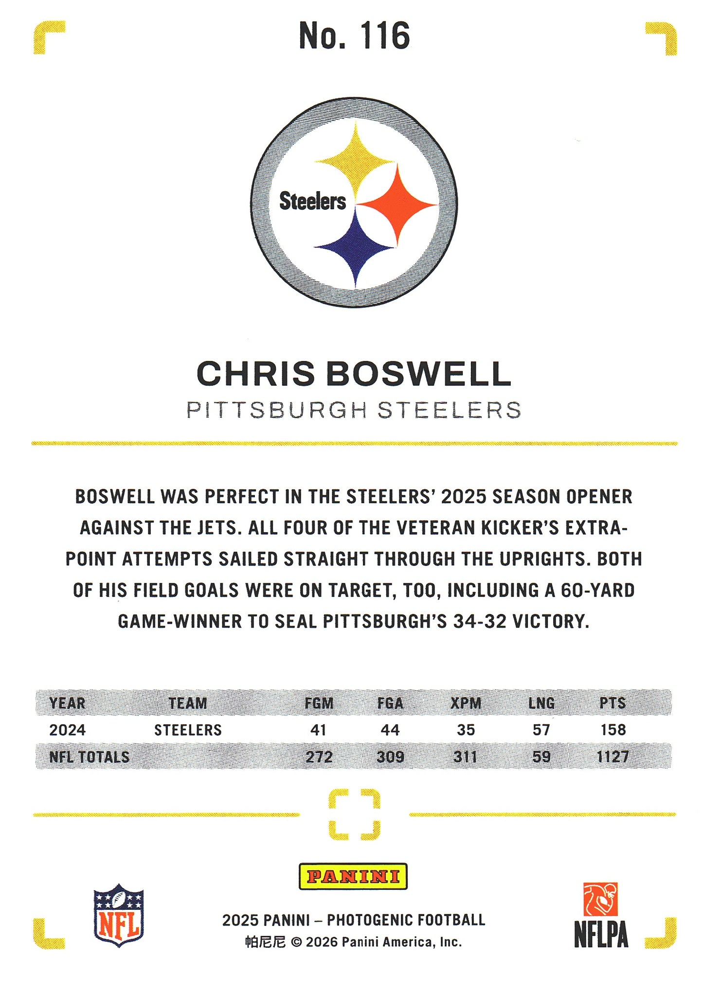 2025 Panini Photogenic Chris Boswell #116 Pittsburgh Steelers