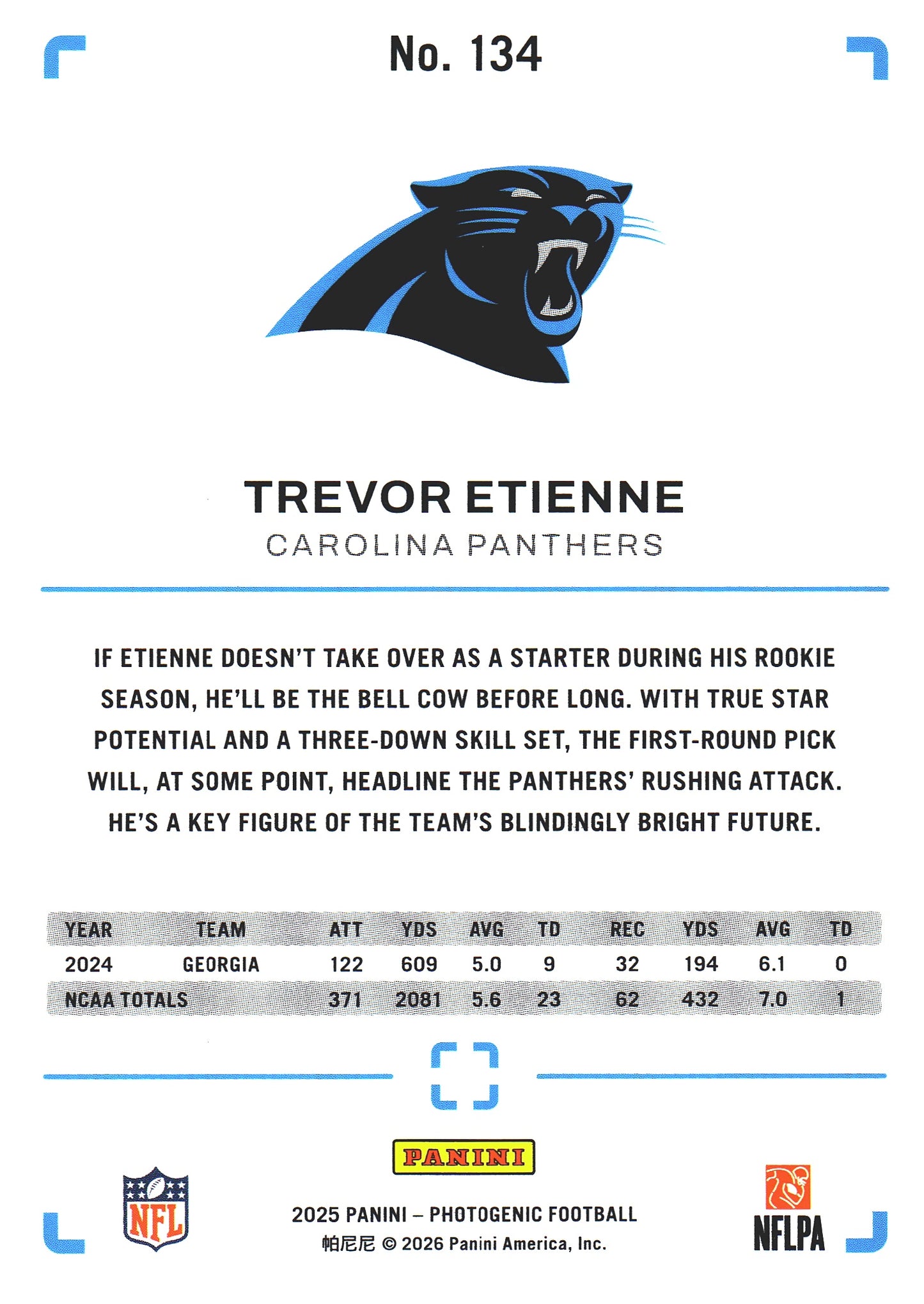 2025 Panini Photogenic Trevor Etienne RC #134 Carolina Panthers
