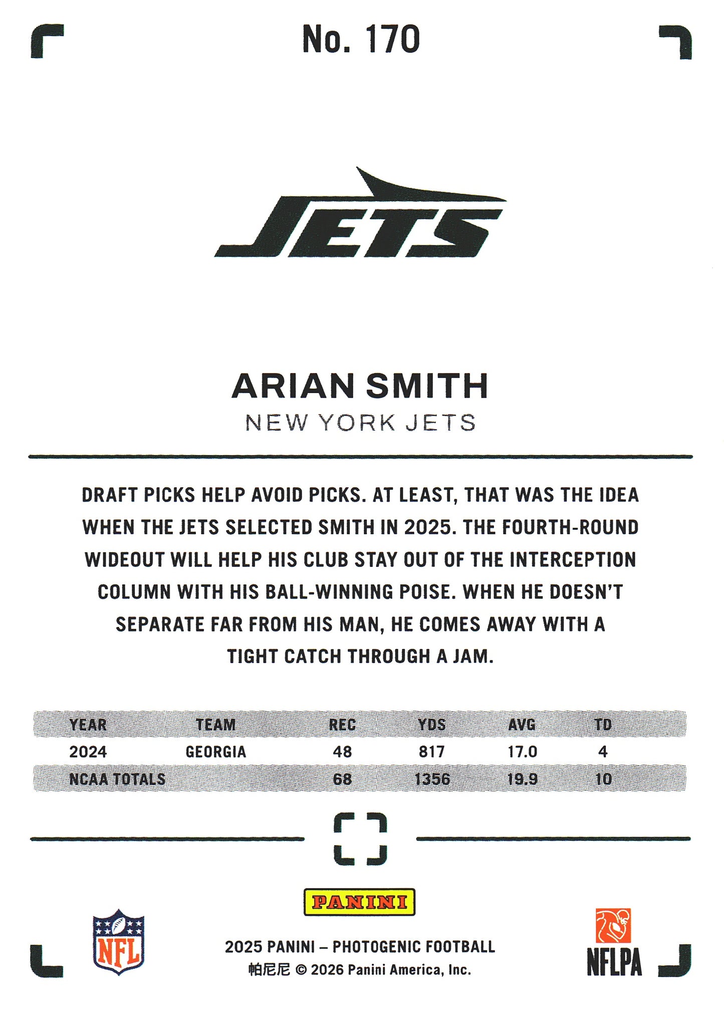 2025 Panini Photogenic Arian Smith RC #170 New York Jets