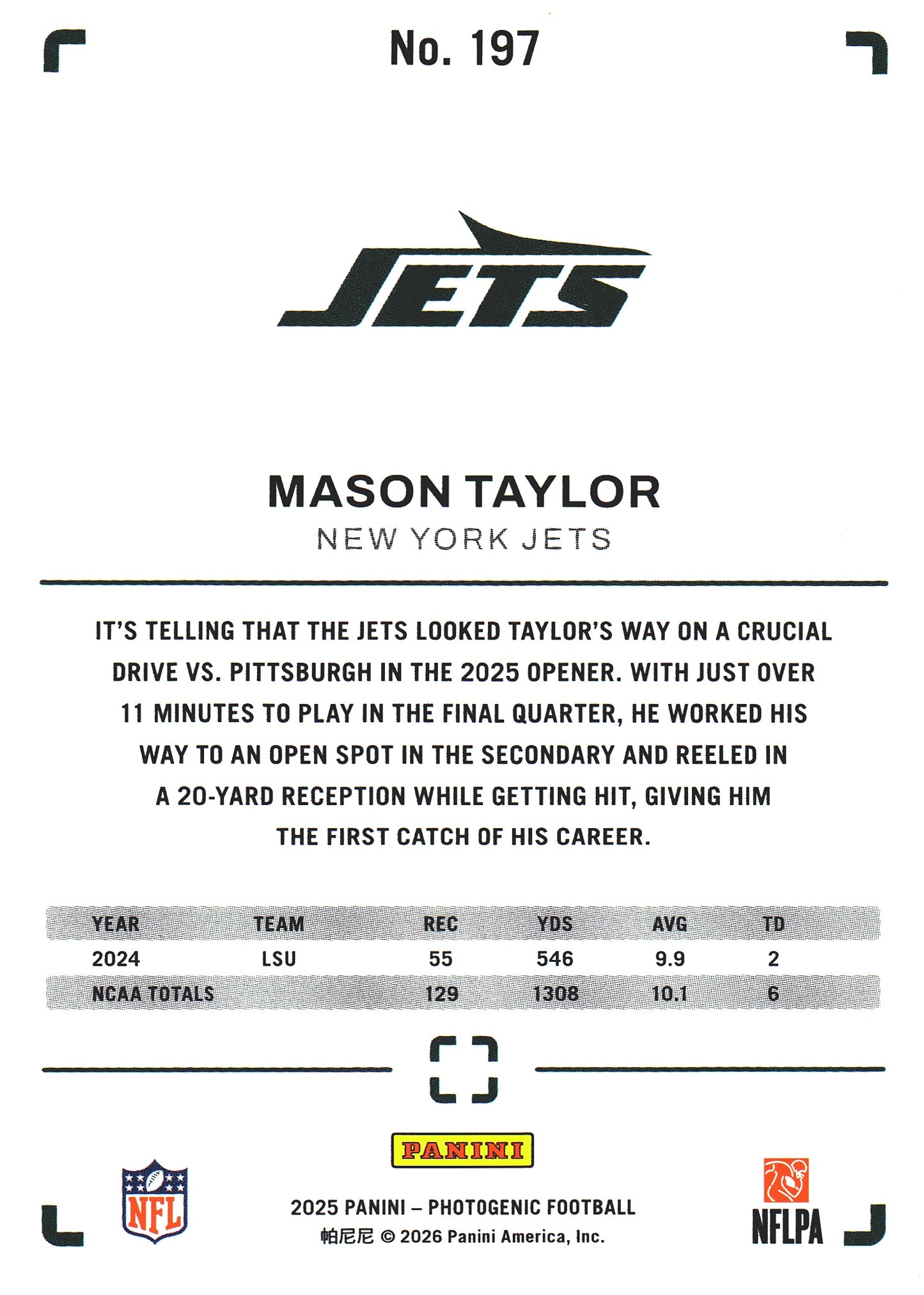 2025 Panini Photogenic Mason Taylor RC #197 New York Jets